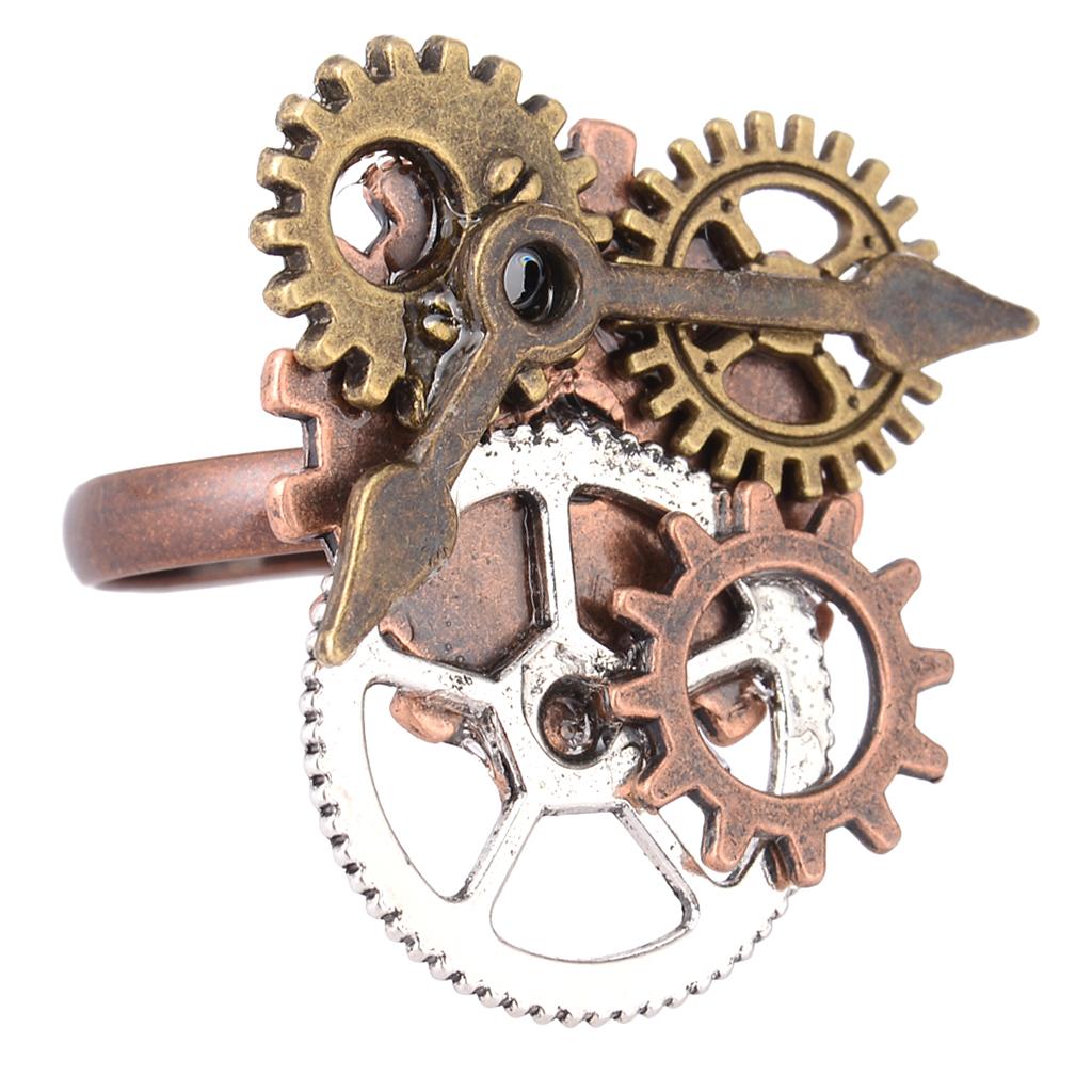 2xSteampunk Watch Part Gears Ring Antique Copper Rings Jewelry Golden+Silver