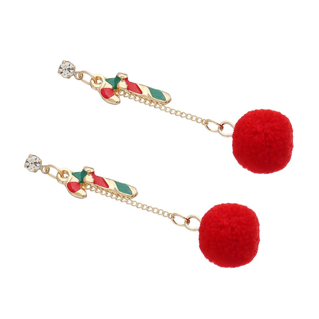 Christmas Themed Cute Red Ball Dangle Earrings Fashion Gift Walking Stick