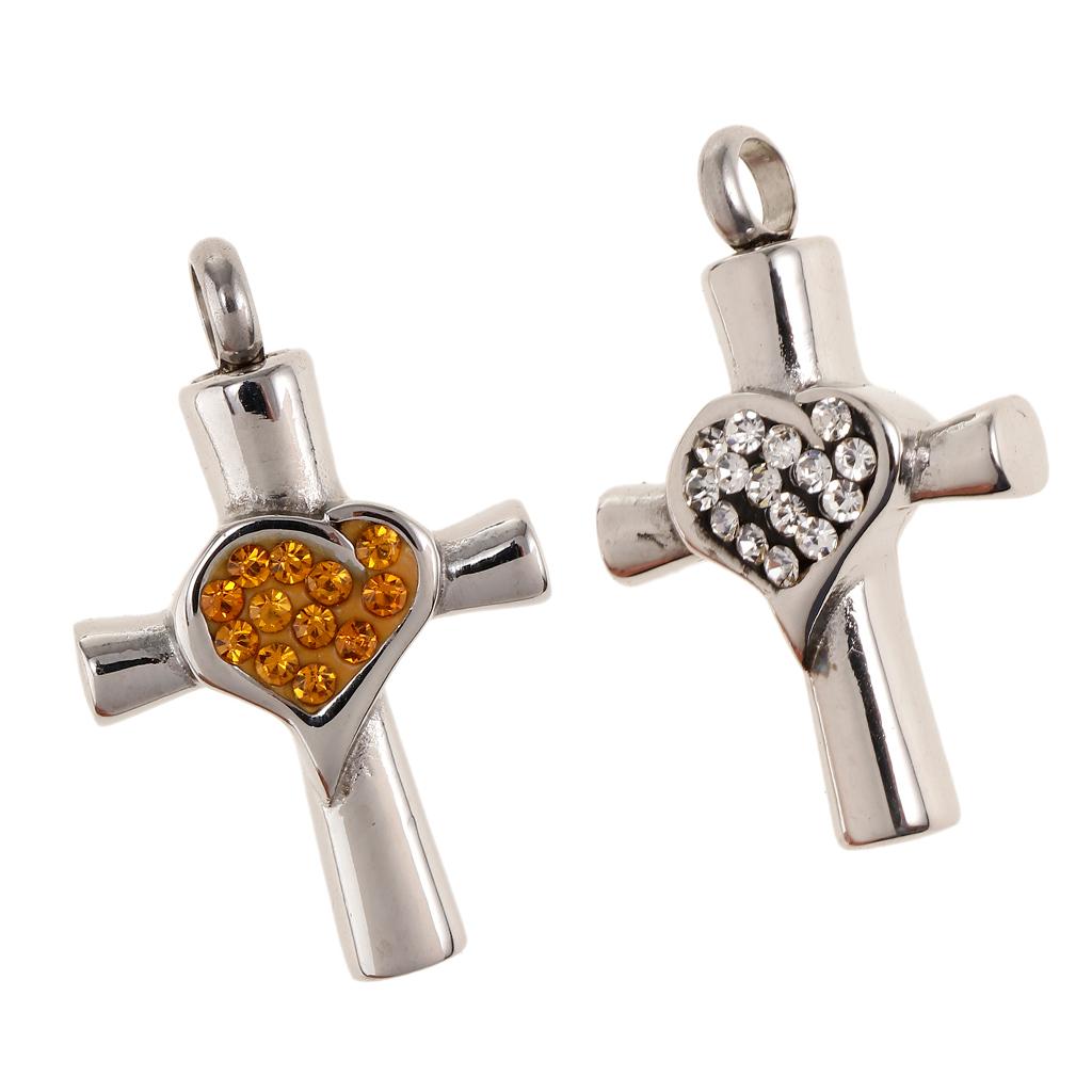 Stainless Steel Crystal Love Heart Cross Urn Pendant Ashes Keepsake White 