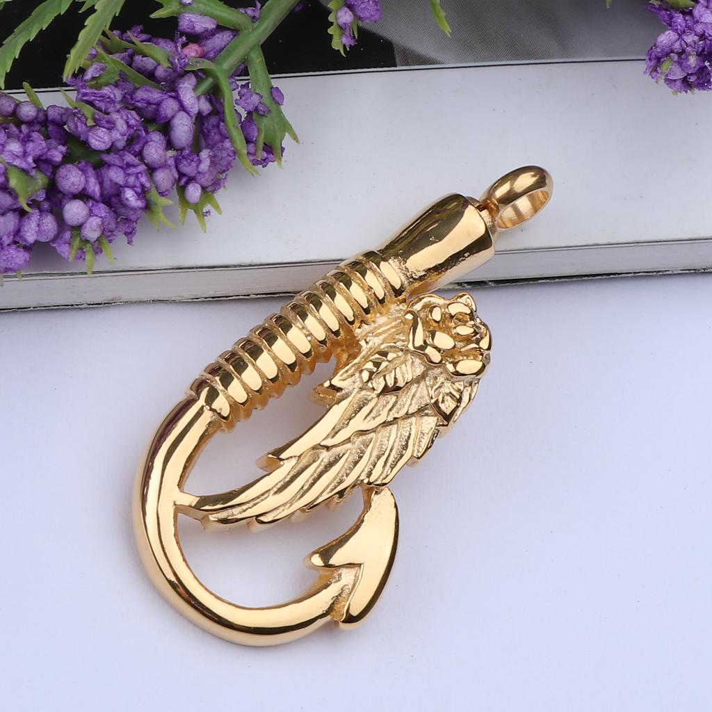 Stainless Steel Fish Hook Angel Wing Pendant Cremation Ashes Keepsake Golden