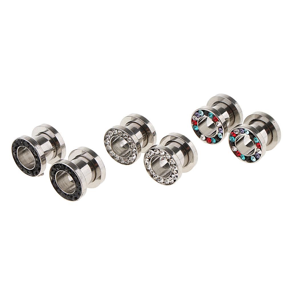 6pcs Rhinestone Stainless Steel Screw Ear Gauges Plugs Tunnels Expander 8mm