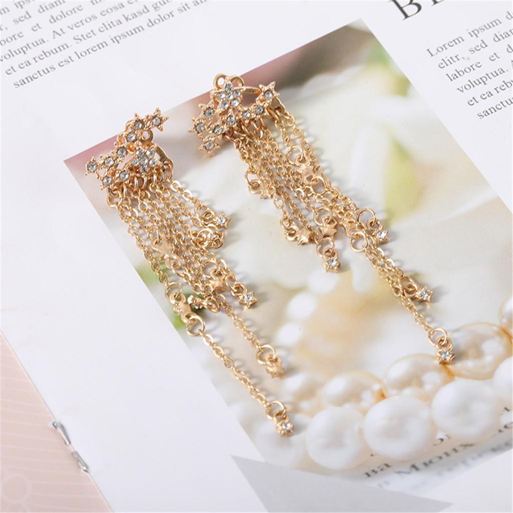 Minimalism Sparkle Star Long Tassels Drop Dangle Earrings Stud Golden