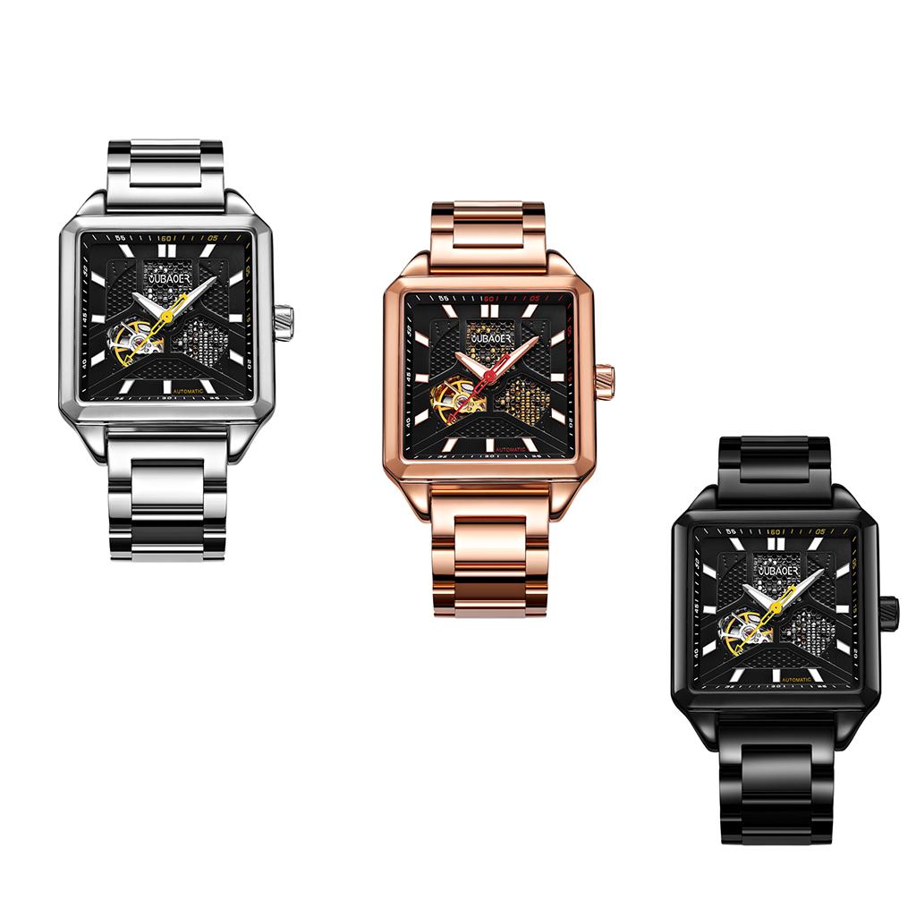 Automatic Mechanical Square Hollow Dial Watch Stainless Steel Rose Gold