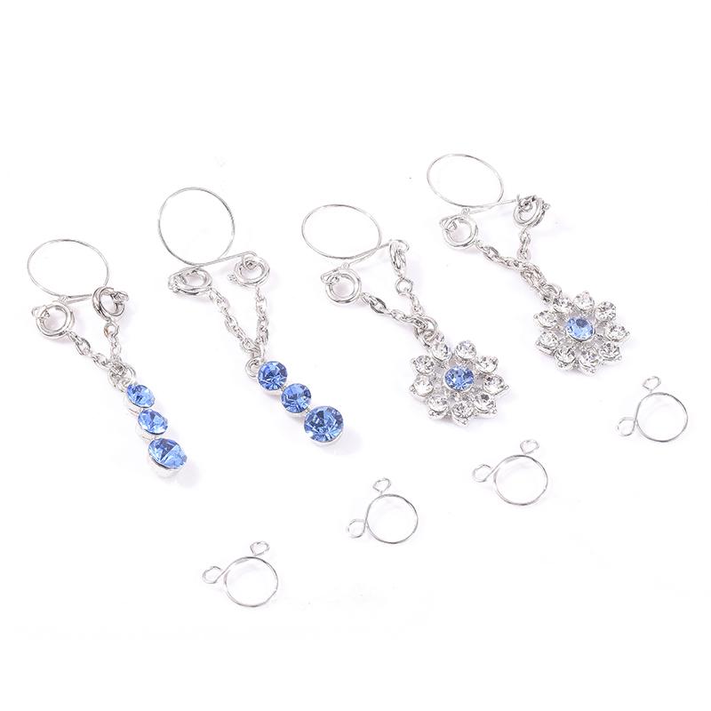 8 Crystal Diamond Charm Stainless Steel Ring Non-piercing Clip On Adjustable