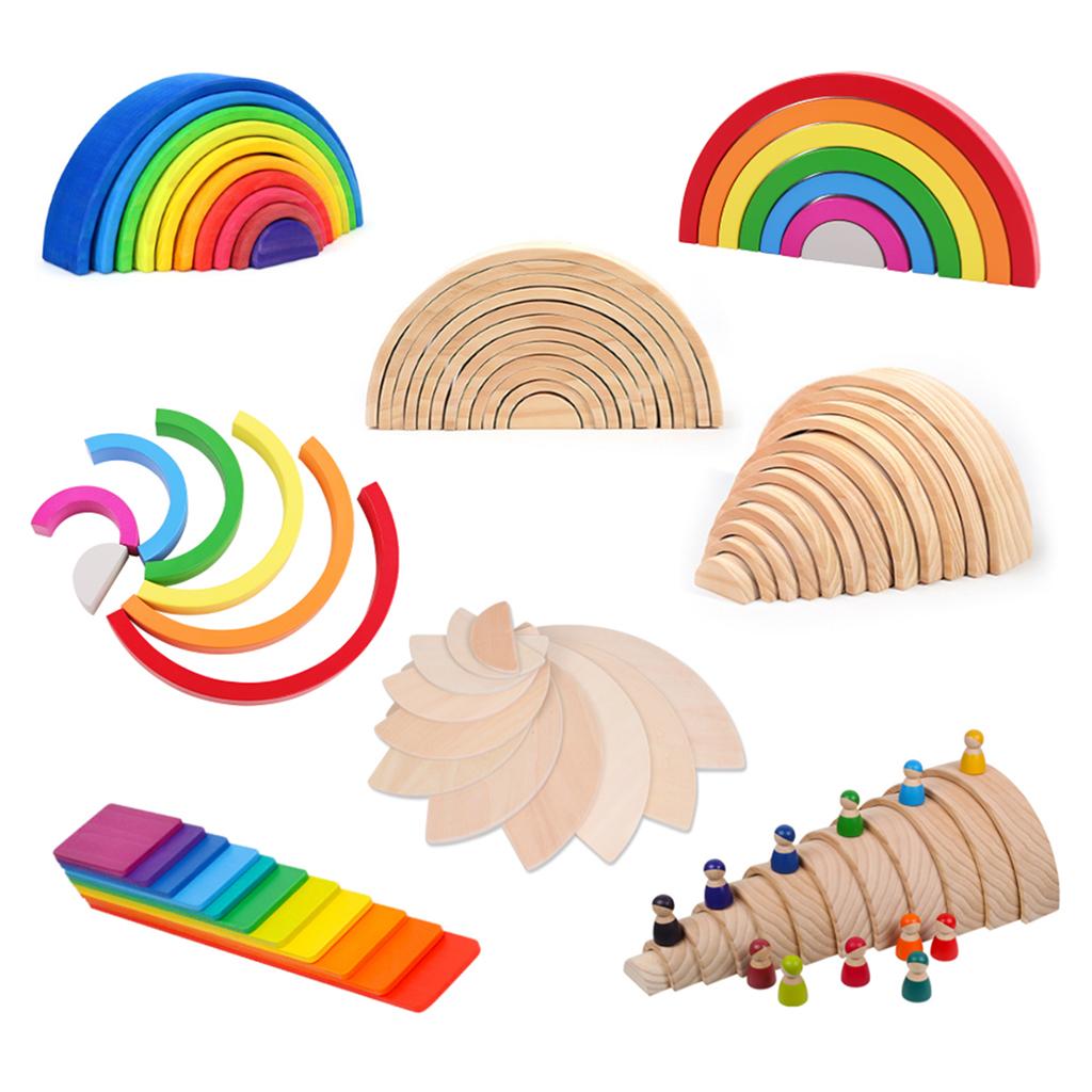 11PCS Handmade Wooden Rainbow Building Blocks Boards Toddler Montessori Toy