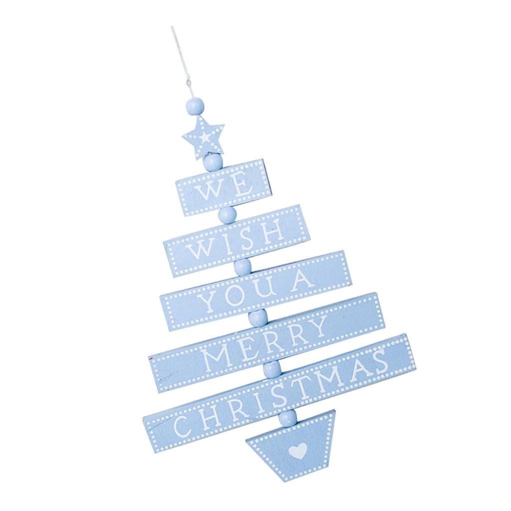 Merry Christmas Tree Shape Wooden Pendant Hanging Christmas Ornament Blue