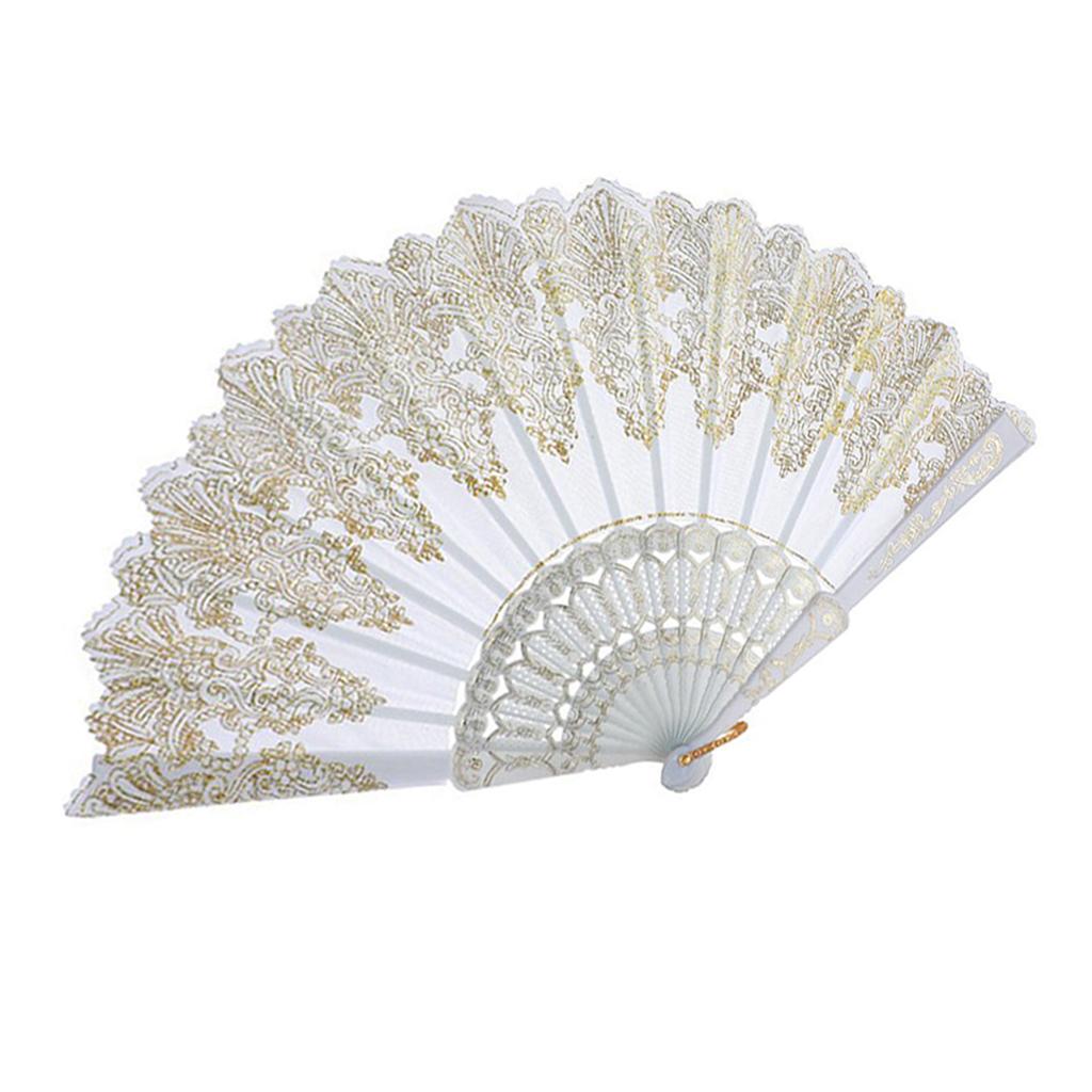 Lace Silk Folding Hand Held Dance Fan Gold Stamping Party Wedding Gifts