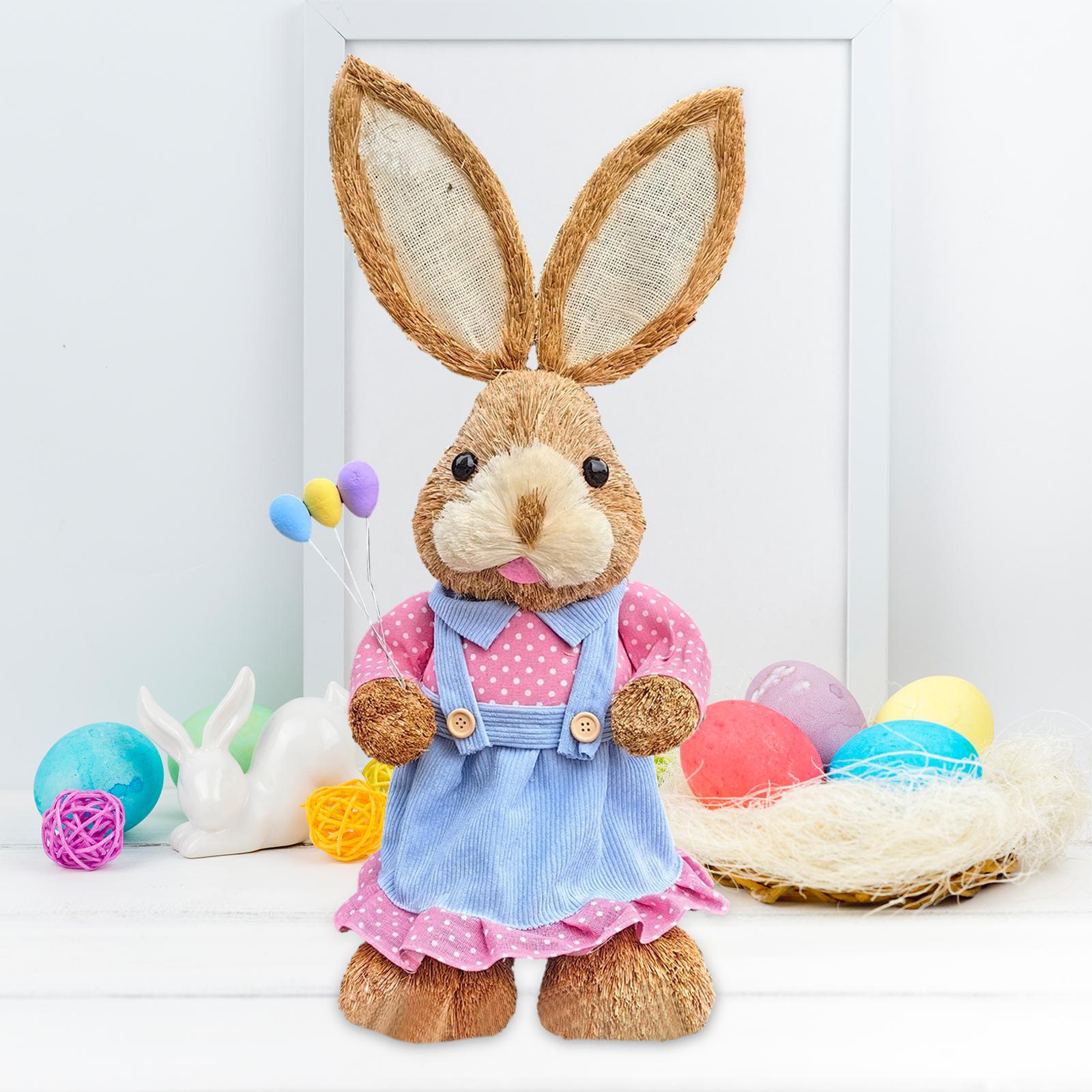 Straw Easter Bunny Figurine Cartoon Easter Decoration for Patio Desk Bedroom Style C