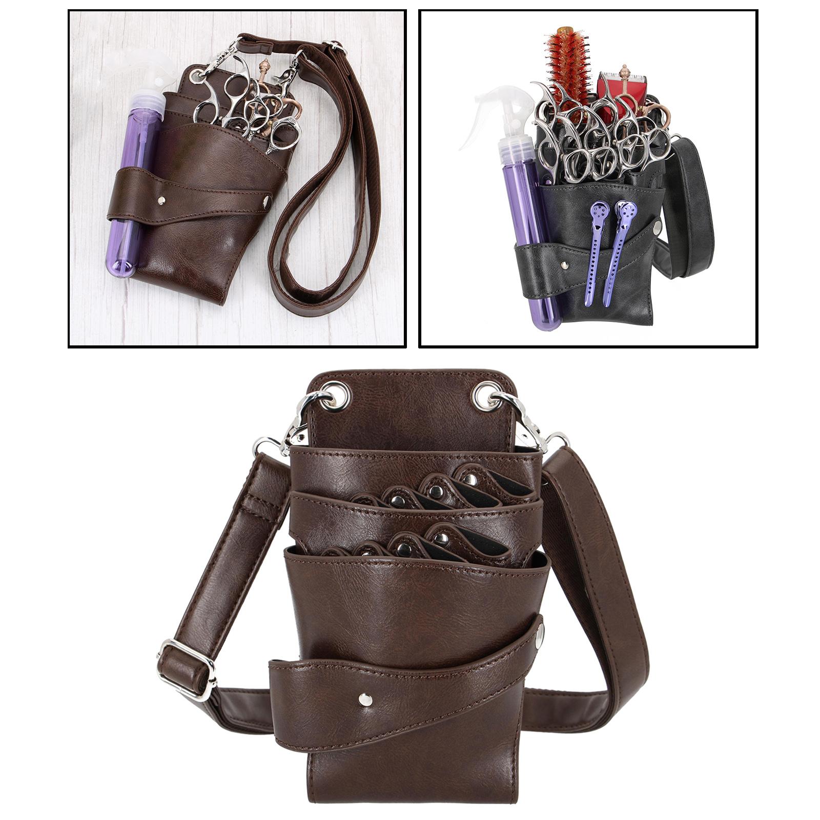 Hairdressing Scissor Pouch PU Leather Removable Hook Belt Salon Brown