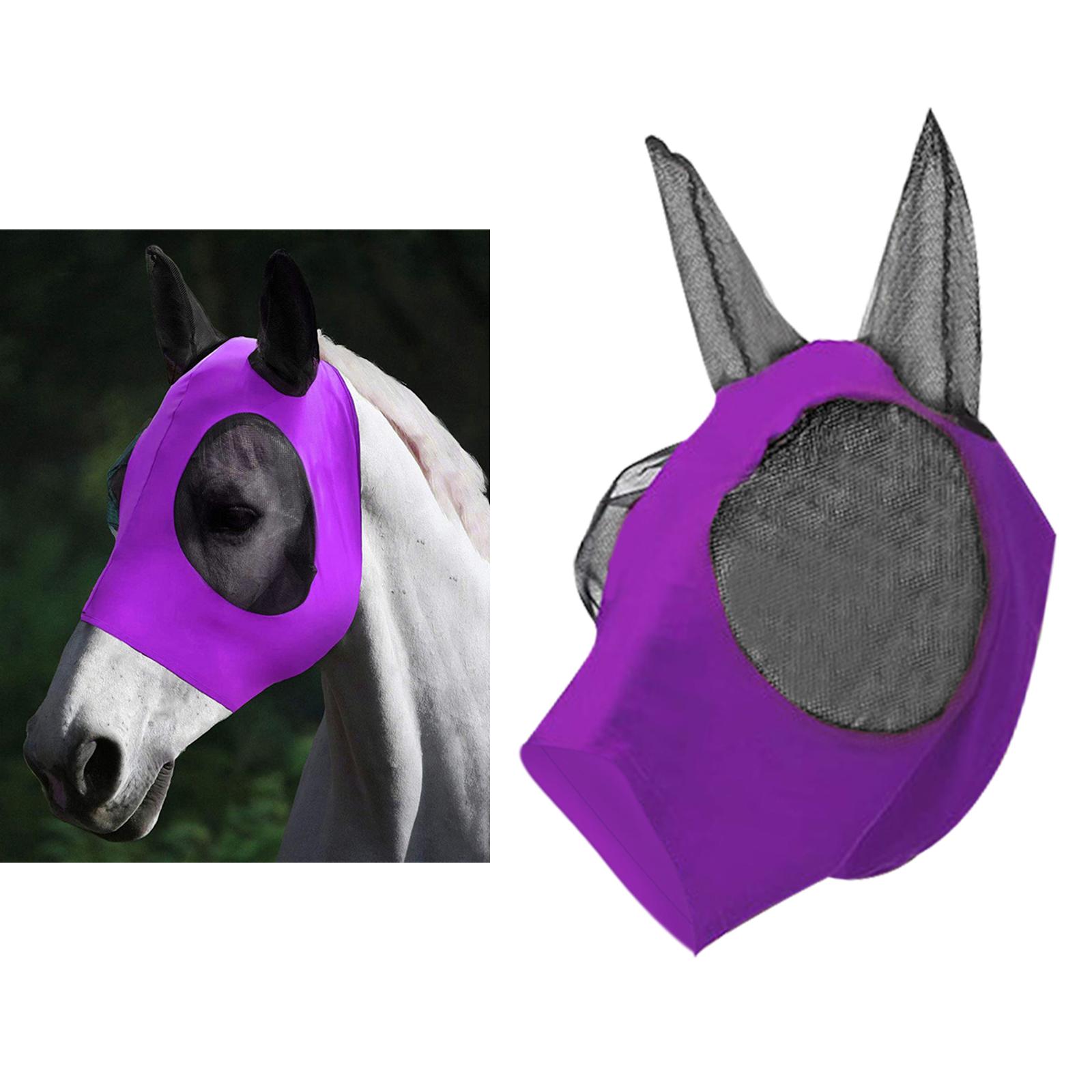 Horse Fly Mask Protective Net Hood Horses Mask with Ears Cover Purple