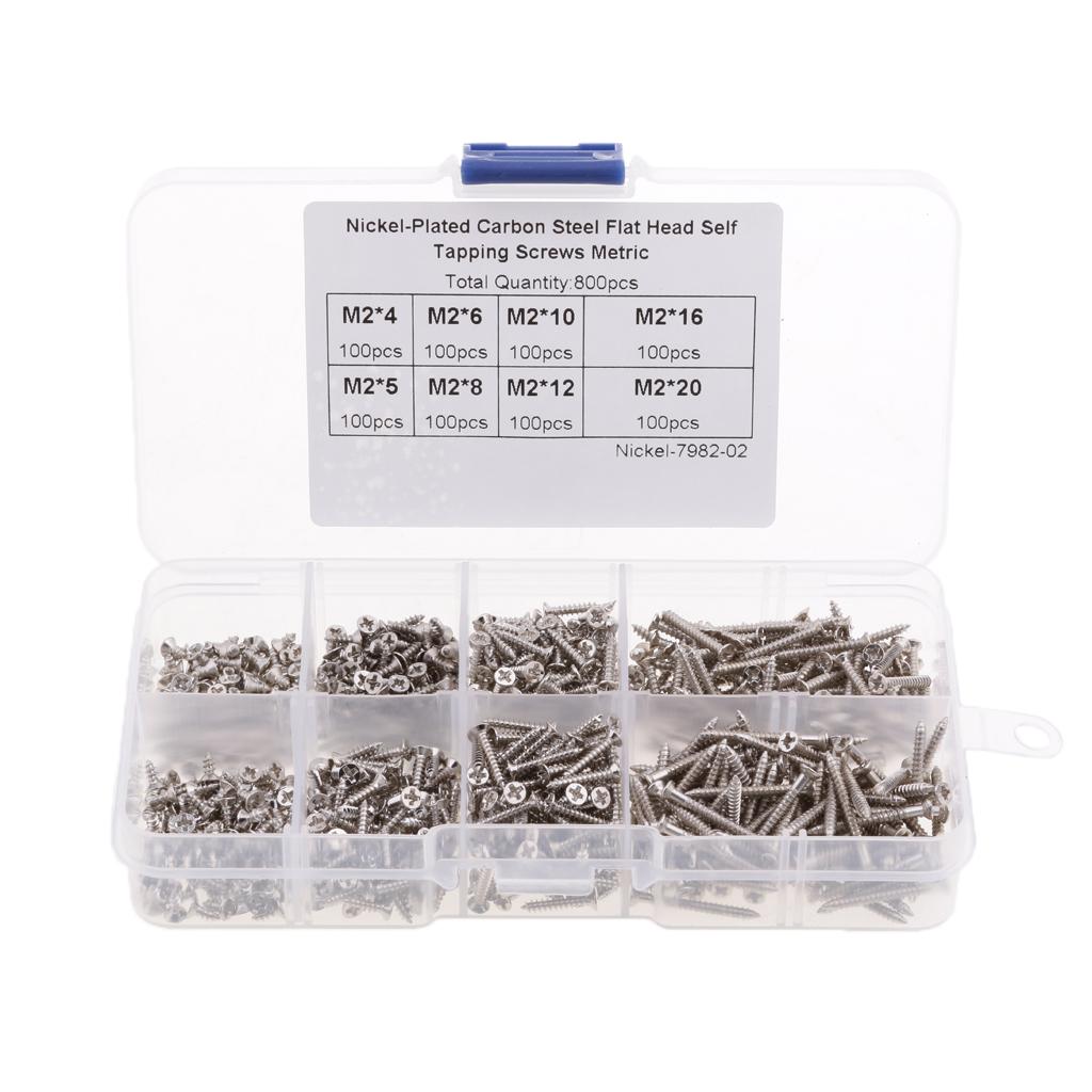 800pcs M2 4-20mm Carbon Steel Cross Flat Head Self Tapping Screws