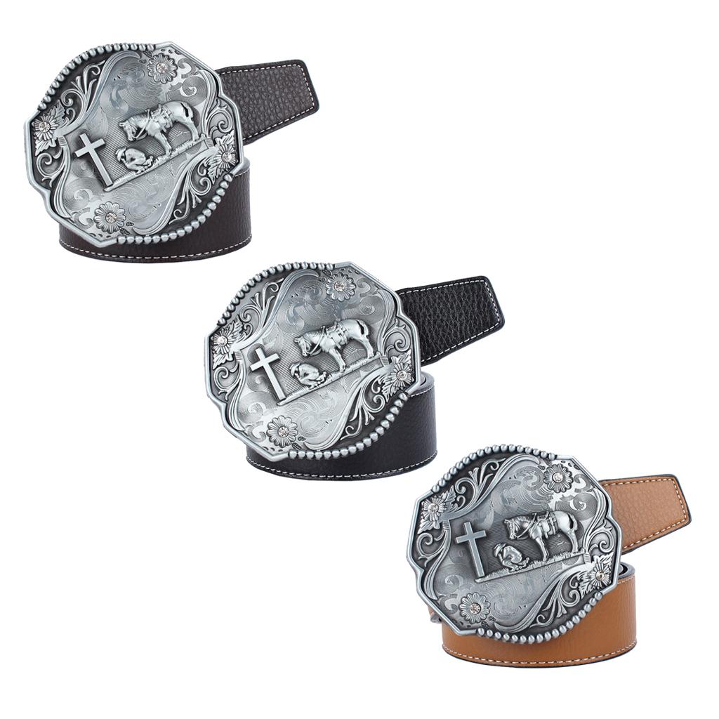 Mens Western PU Leather Belt Cowboy Waistband Knight Cross Buckles Coffee