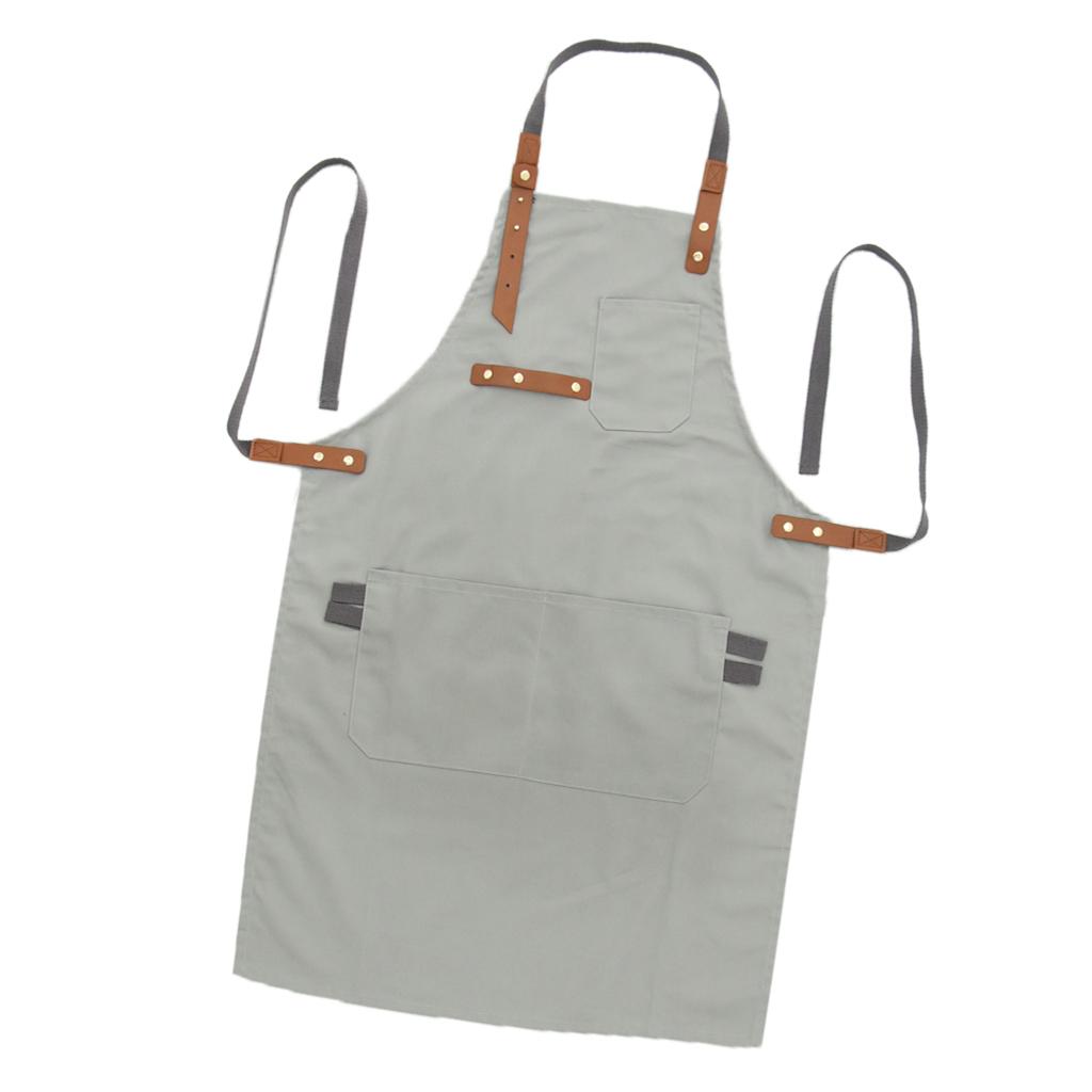 Men Women Canvas Apron Bib Multi Pockets Cafe Kitchen Cooking Painting Gray