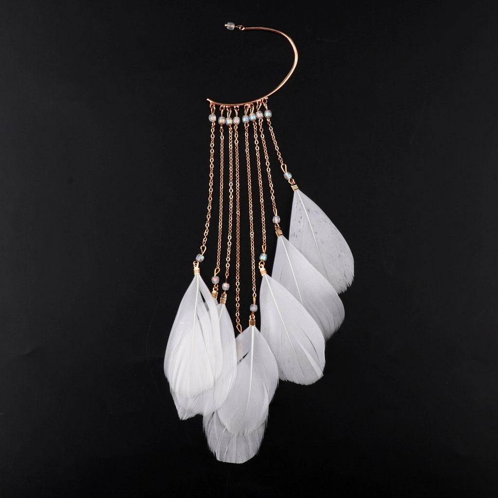 Luxury Women Feather Earrings No Piercing Tassel Drop Dangle Earrings White