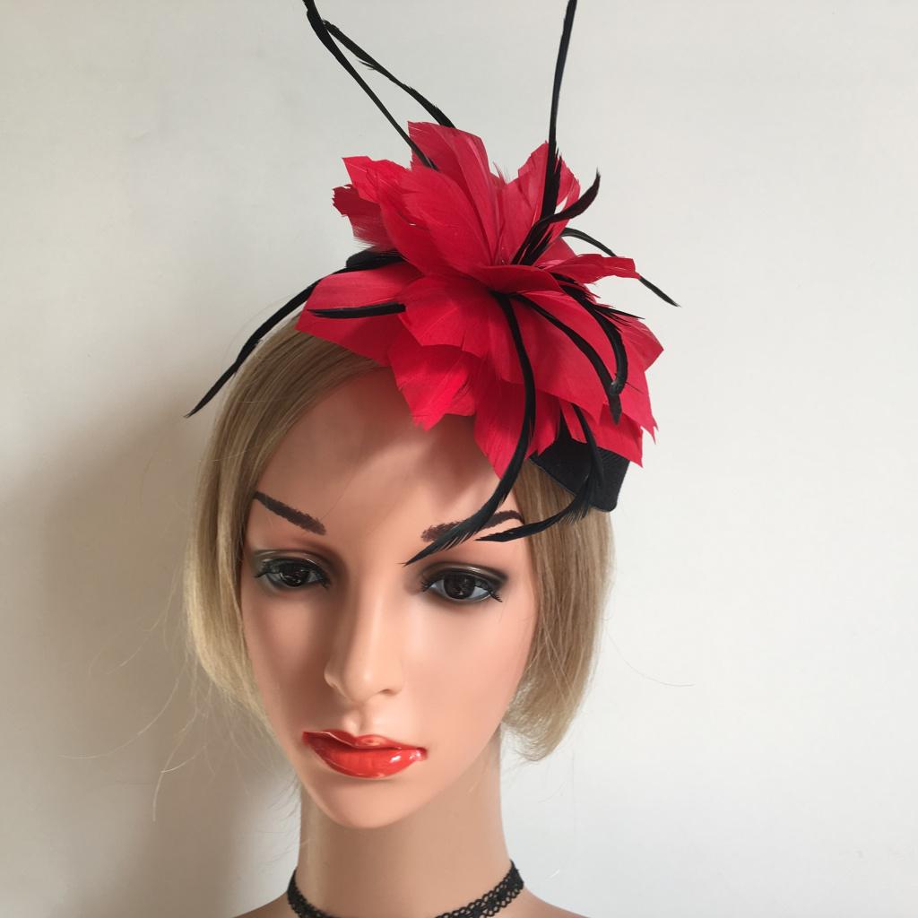 Feather Fascinator Headband Ladies Race Royal Ascot Black Hat+Red Feather