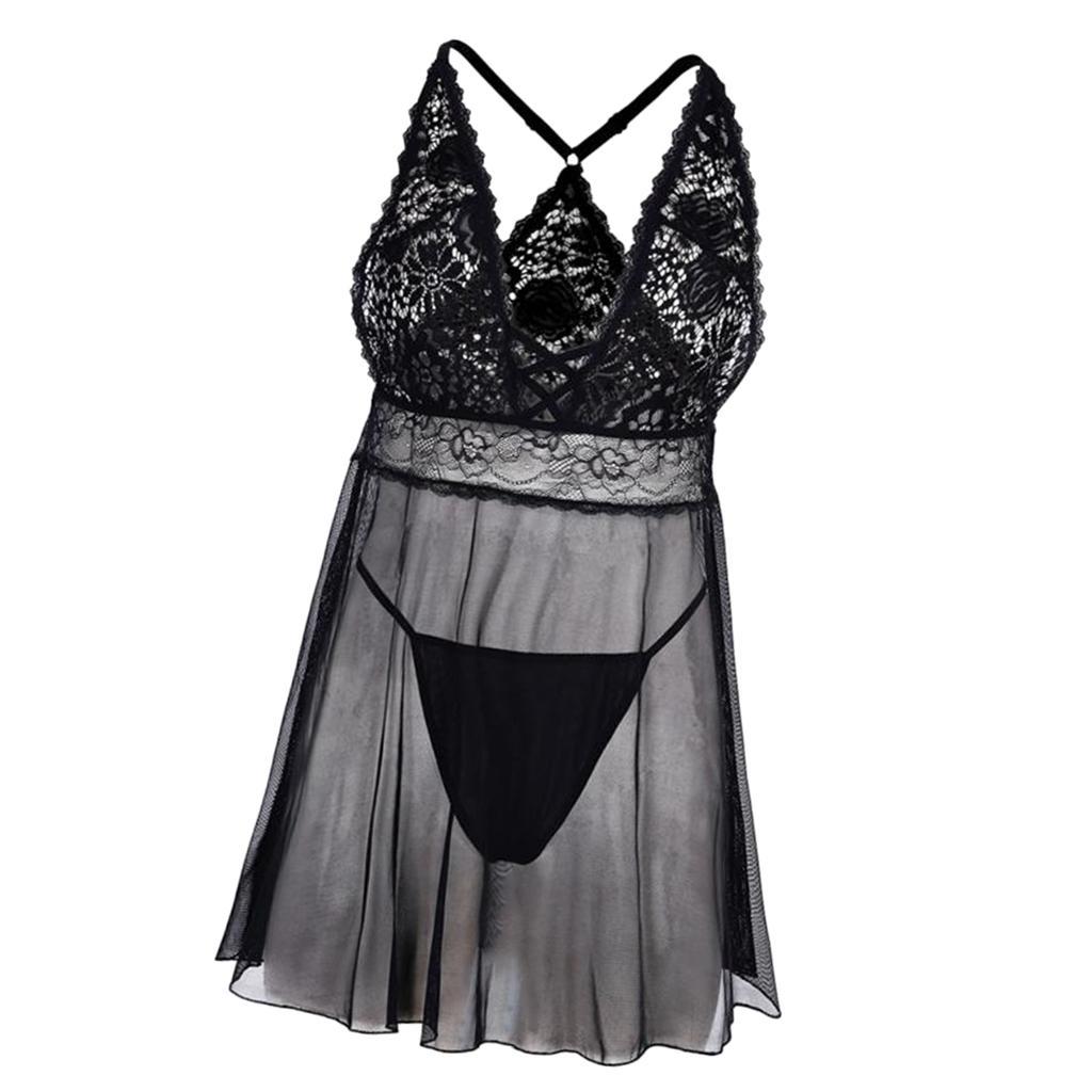 1Set Womens Black Nightwear Sheer Lingerie Sleepwear G-String Party ...