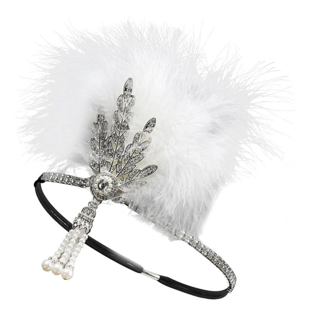1920s Feather Headband Flapper Headpiece Fancy Headdress Fascinator White