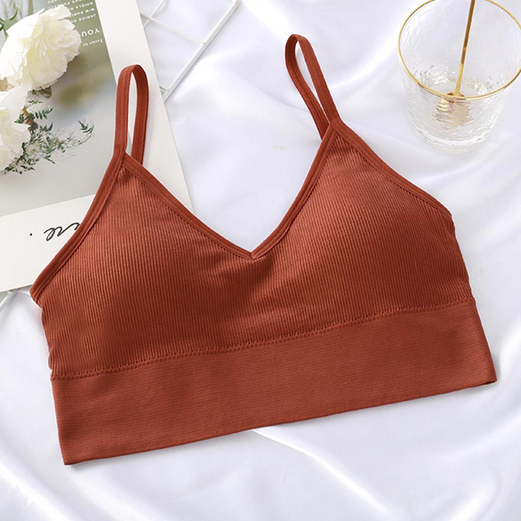 Women V Neck Padded Bralette Spaghetti Straps Caramel