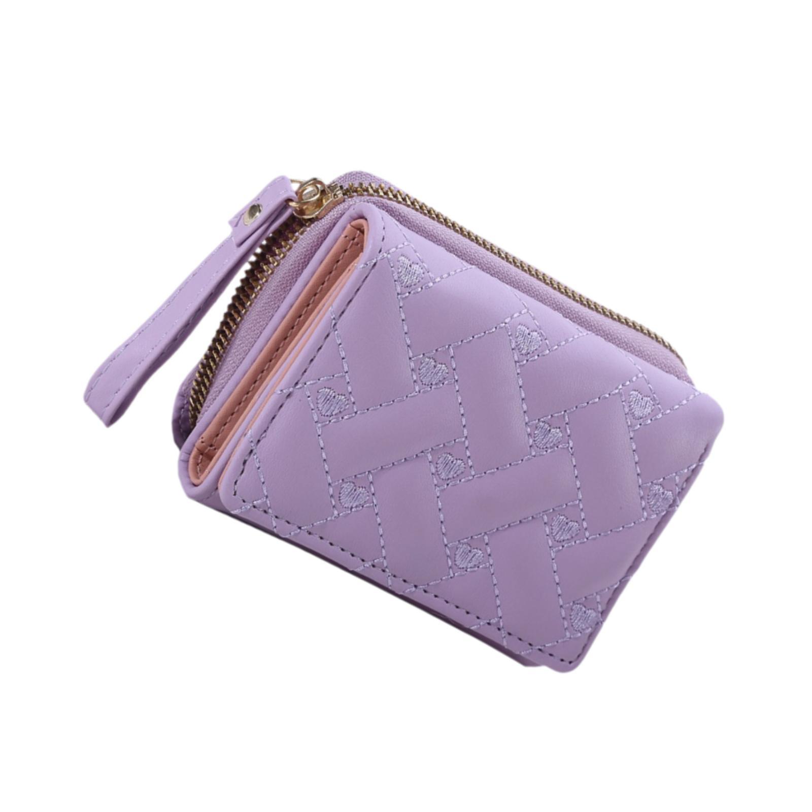 Small Wallet PU Leather Zipper Closure Heart Embroidered Trifold Card Wallet Lavender