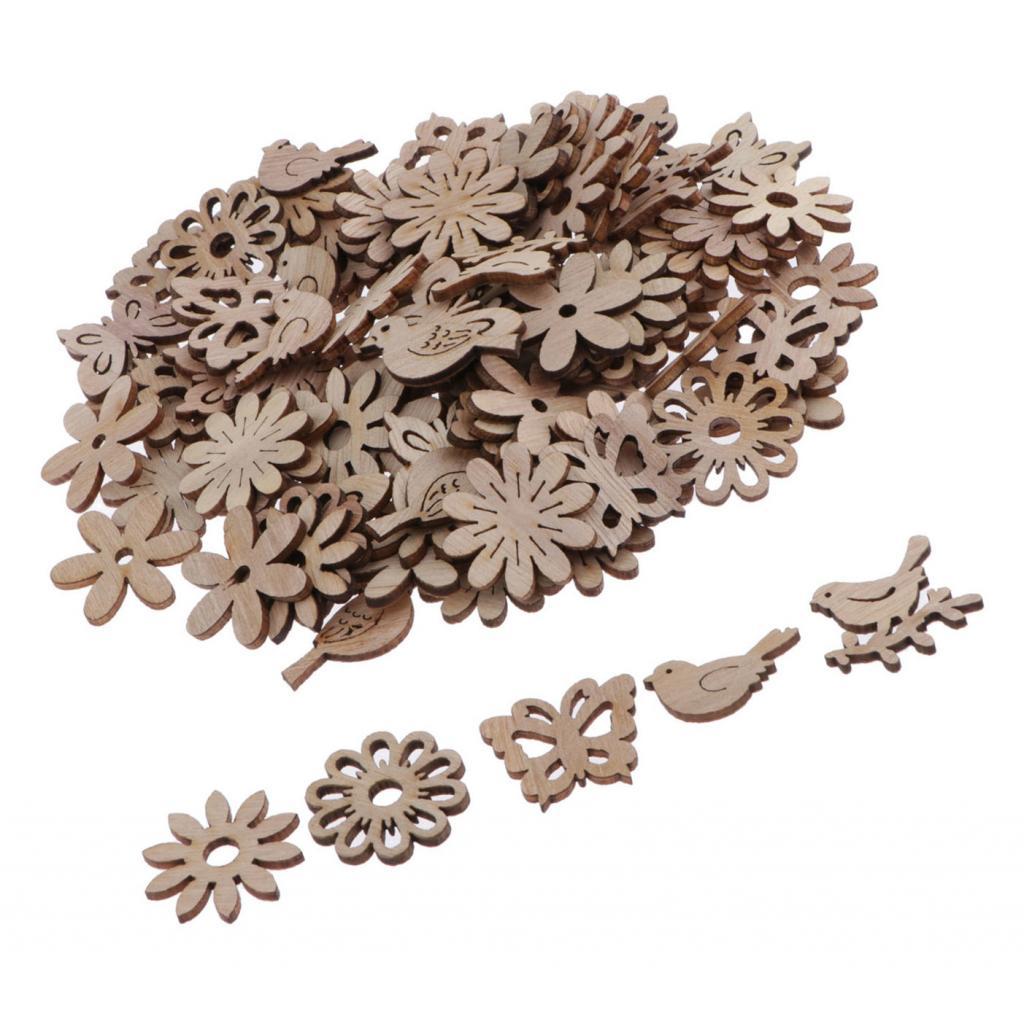 100Pcs Unfinished Wood Pieces Cutout Slices Shaped Embellishments Crafts DIY
