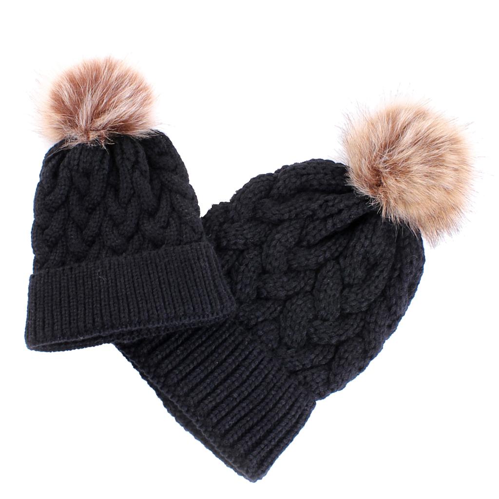 2PCS Parent-Child Beanie Hairball Cap Ball Warm Winter Knitted Hat Black