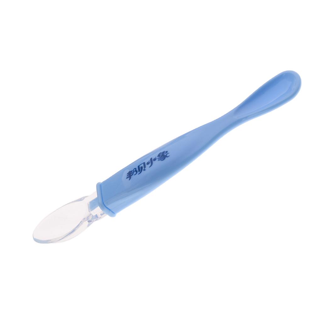 Baby Tableware Thermal Feeding Silicone Spoon Kids Weaning Handle Spoon Blue