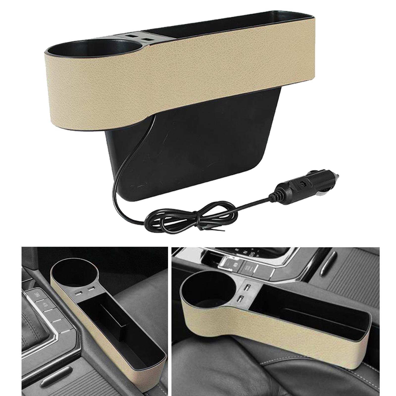 Car Seat Console Gap Filler w/2 Usb Charging Cup Holder Driver Side Beige