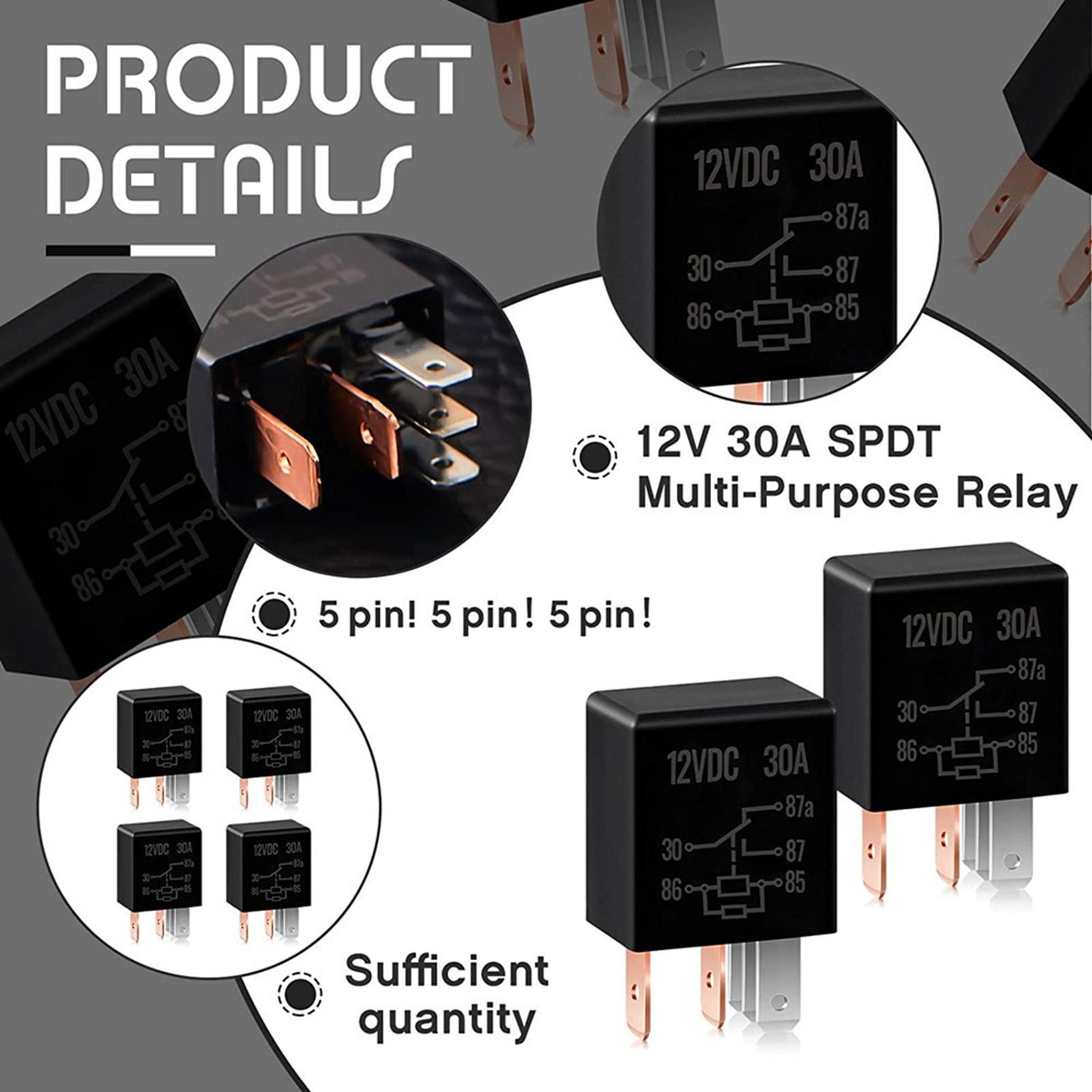 4 Pieces Automotive Relay 5 Pin 12V 30A Practical Professional Multi Purpose