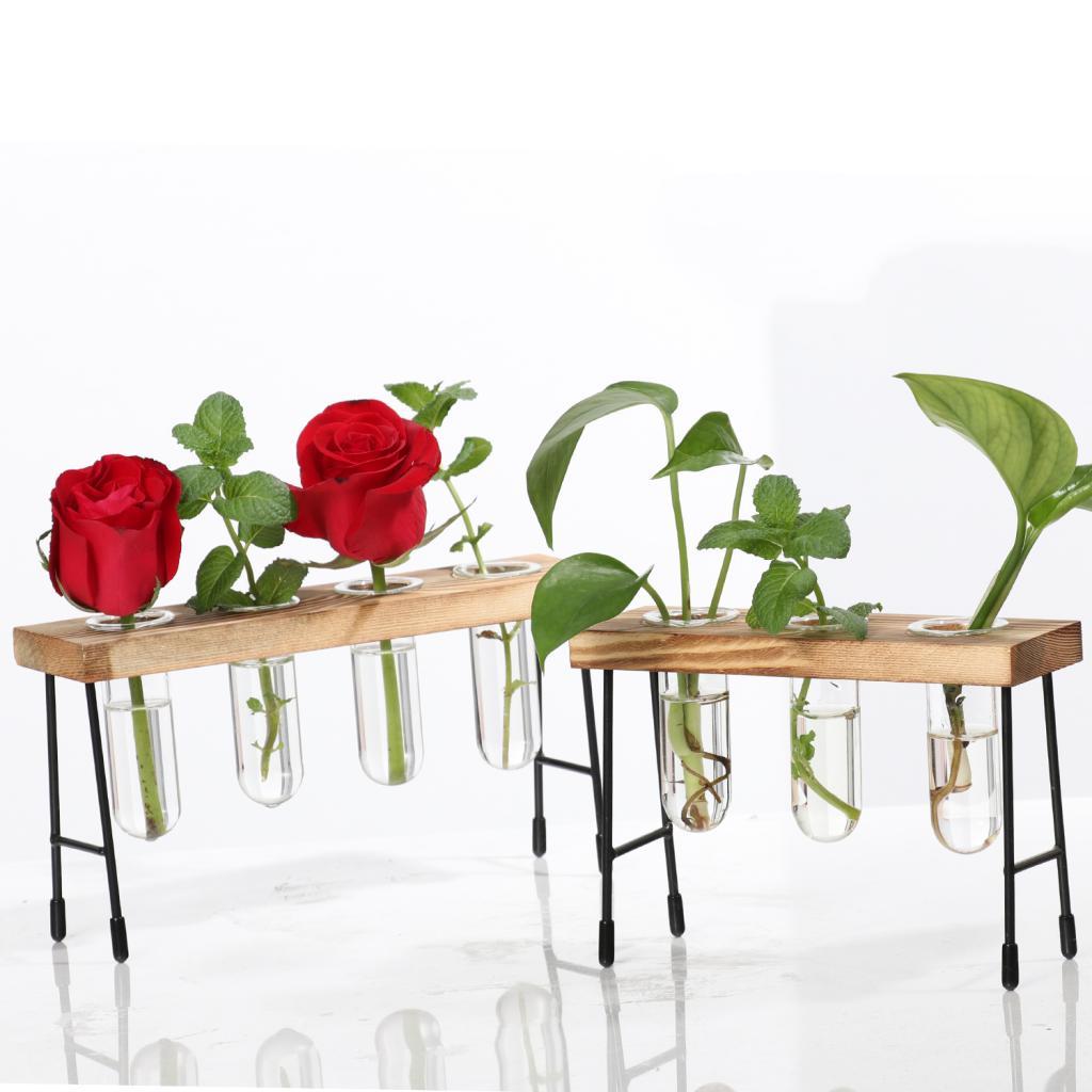 Creative Test Tube Flower Vase ChairWooden Stand for Hydroponic Plant 4 Tube