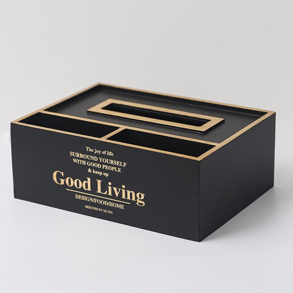 Wooden Tissue Box Desktop Remote Control Holder Organizer  black and gold