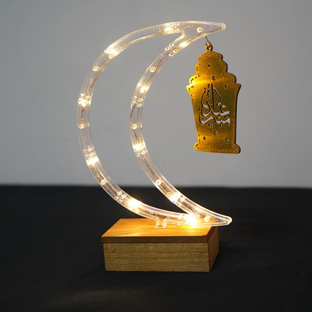 Ramadan Lamp Moon Lights Mubarak Ramadan Eid with Wooden Base Tabletop