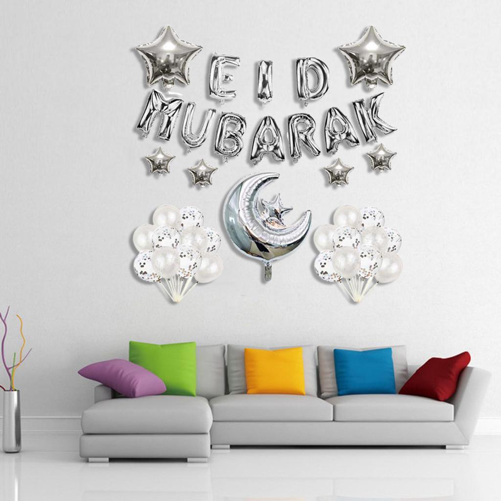 1Set Eid Mubarak Balloons Banners Ramadan Backdrop Islamic Muslim Silver