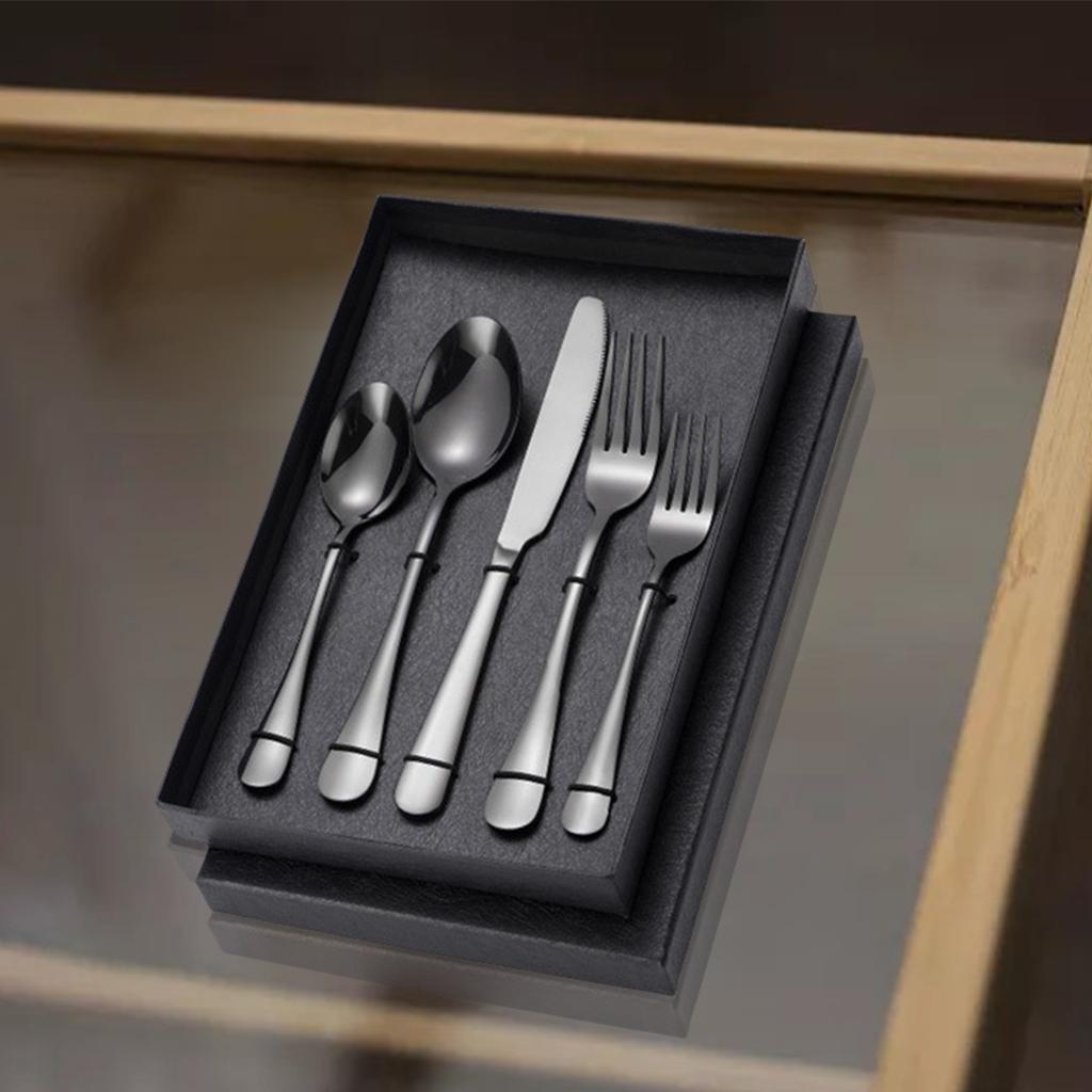 5x Stainless Flatware Tableware Picnic Cutlery Dinnerware Utensils Black