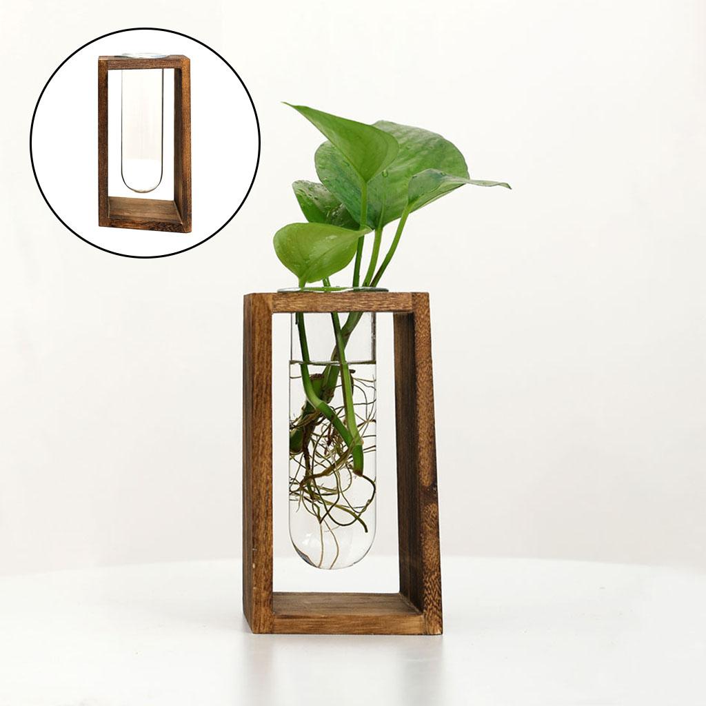 Wood Hydroponic Vase with Test Tube Desktop for Plants Home Garden Brown