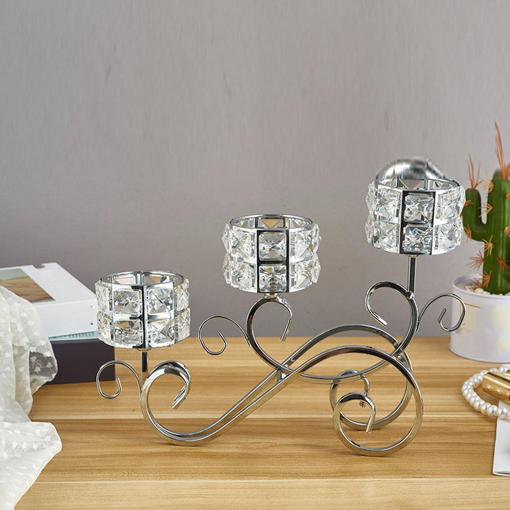 3 Arms Crystal Candle Holder Dining Table Aromatherapy Candlestick Silver