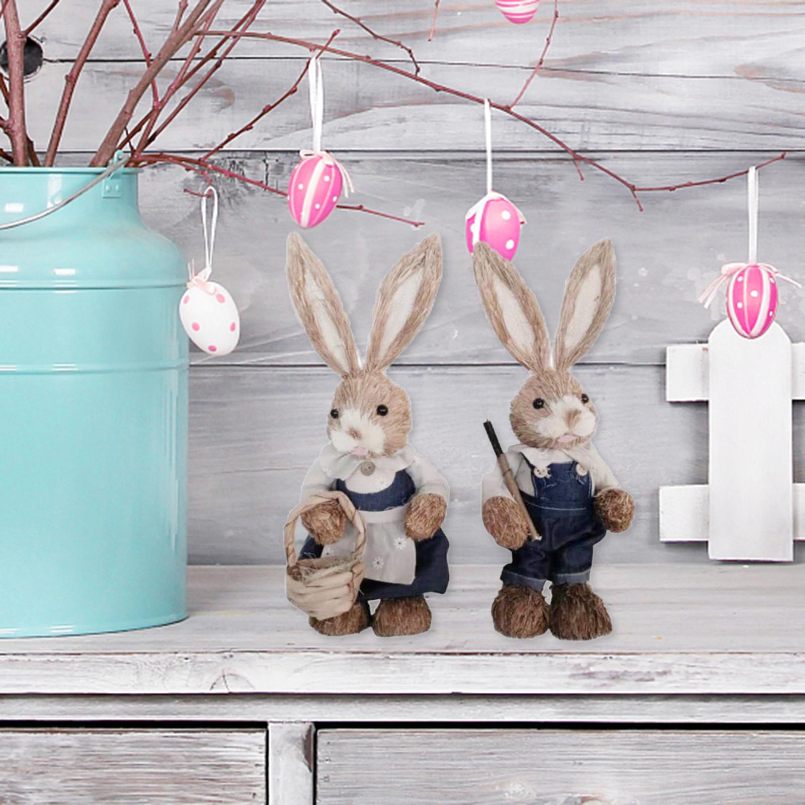 1 Pair Straw Easter Rabbit Decoration Bunny Figurines for Holiday Dark Blue