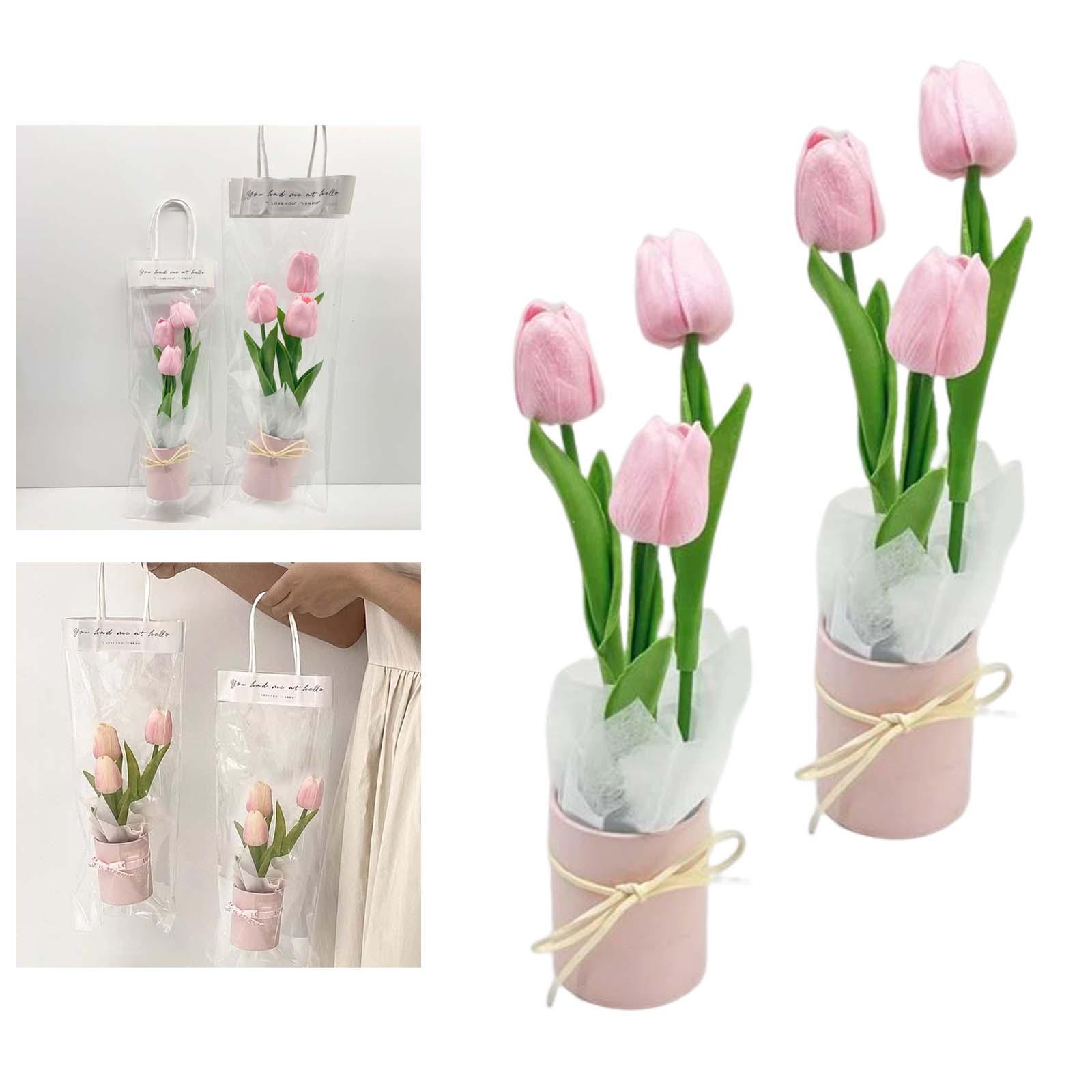 Potted Artificial Tulips Flowers DIY Bouquet Decor Pink