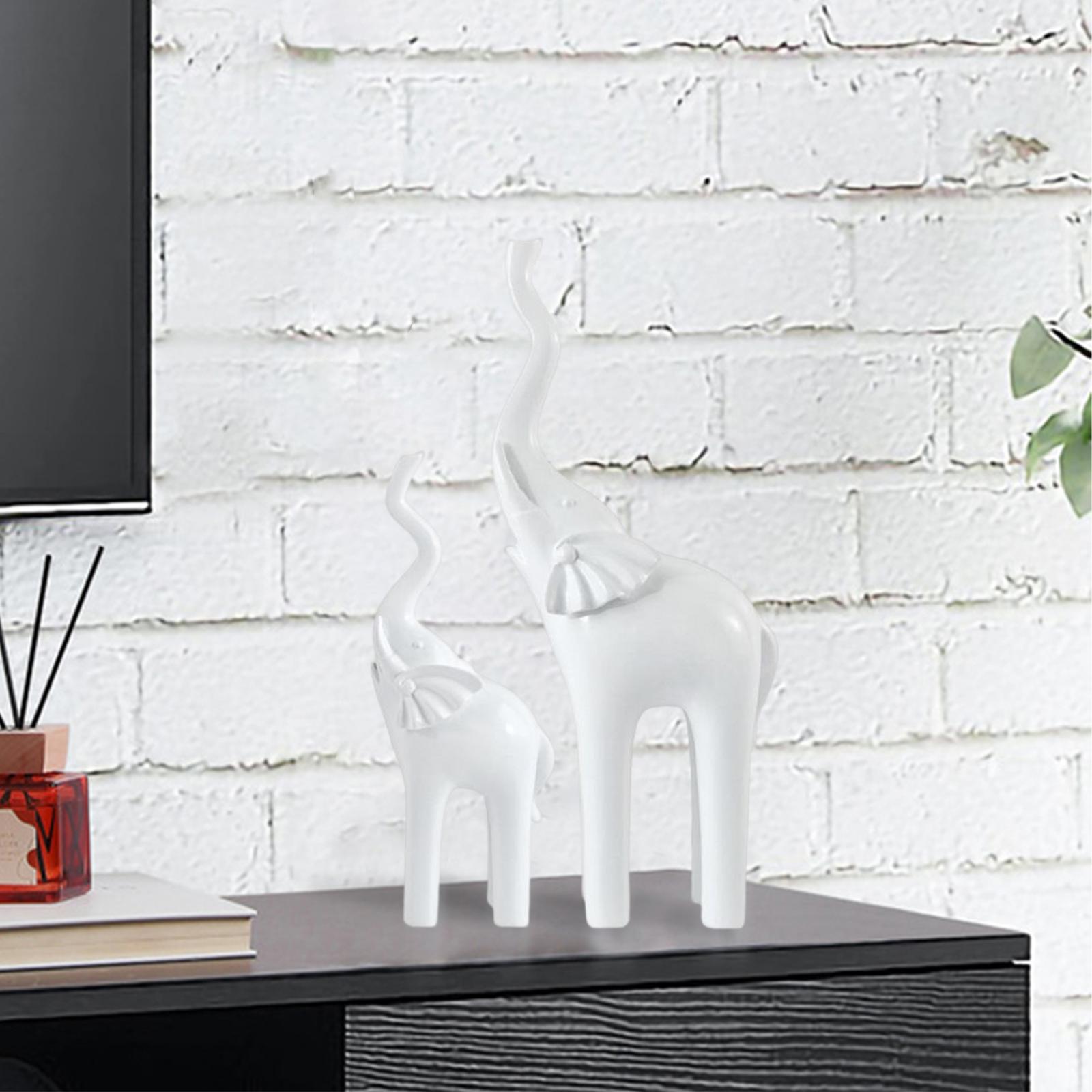 2x Elephant Statue Figurines Desktop Mother Baby Living Room Ornament White