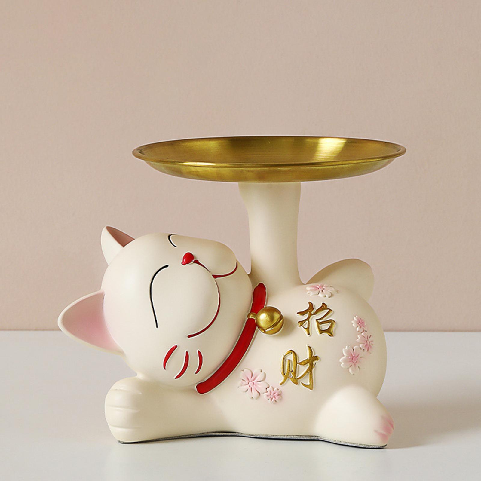 Resin Lucky Fortune Cat Statue Key Tray Key Bowl Lying