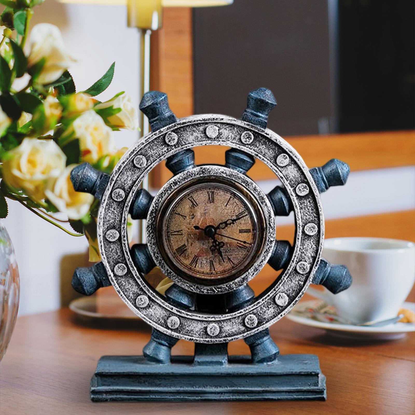Nautical Desk Clock Ship Wheel Rudder Industrial for Farmhouse Kitchen