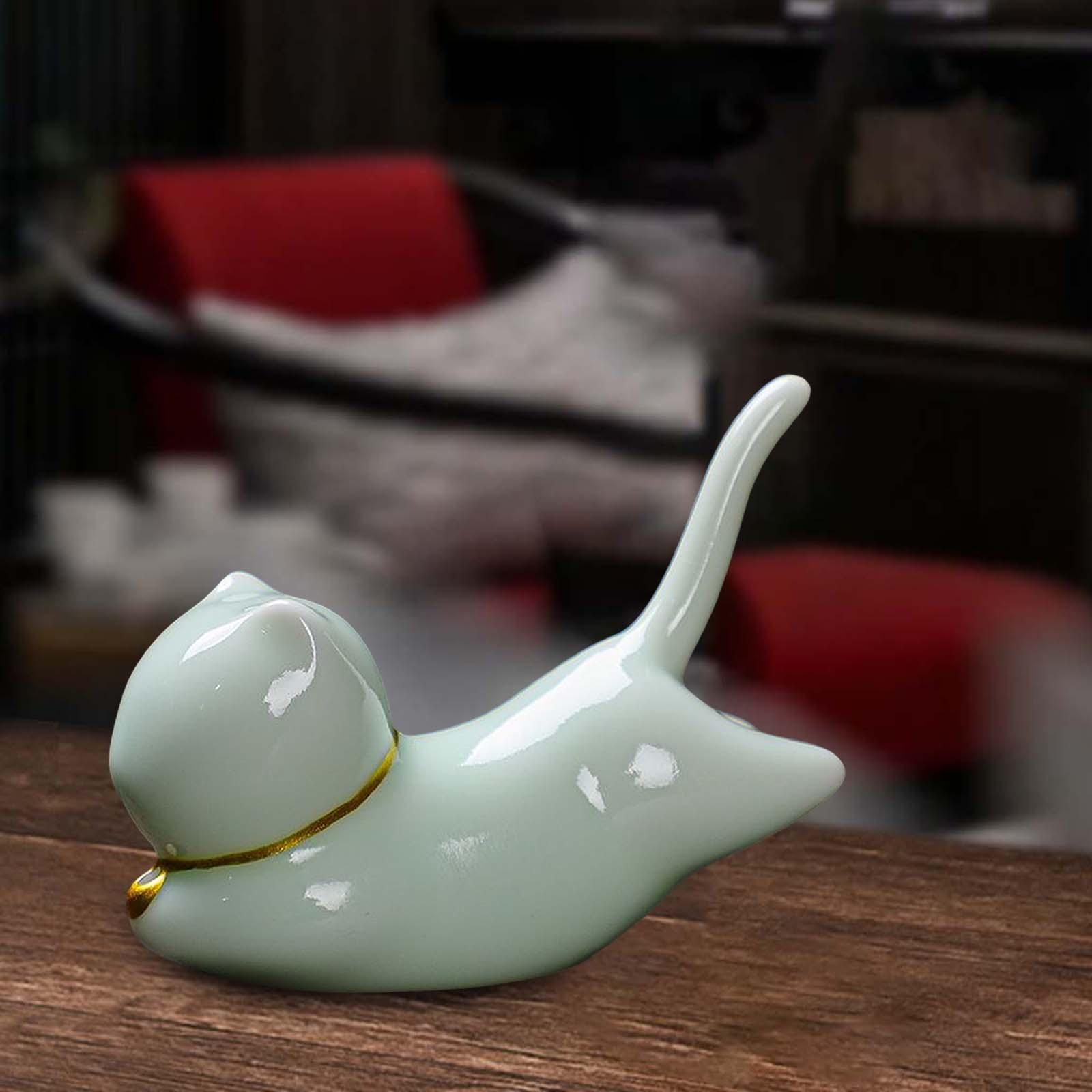 Stick Incense Burner Modern Ceramic Ornament for Desktop Cabinet Office Celadon Cat
