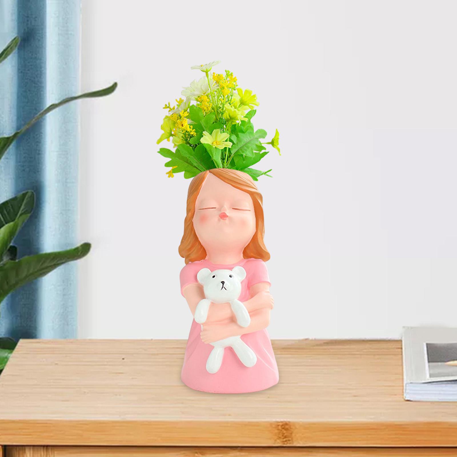 Girl Planter Ornament Vase Cute Head Planter for Office Living Room Entryway pink
