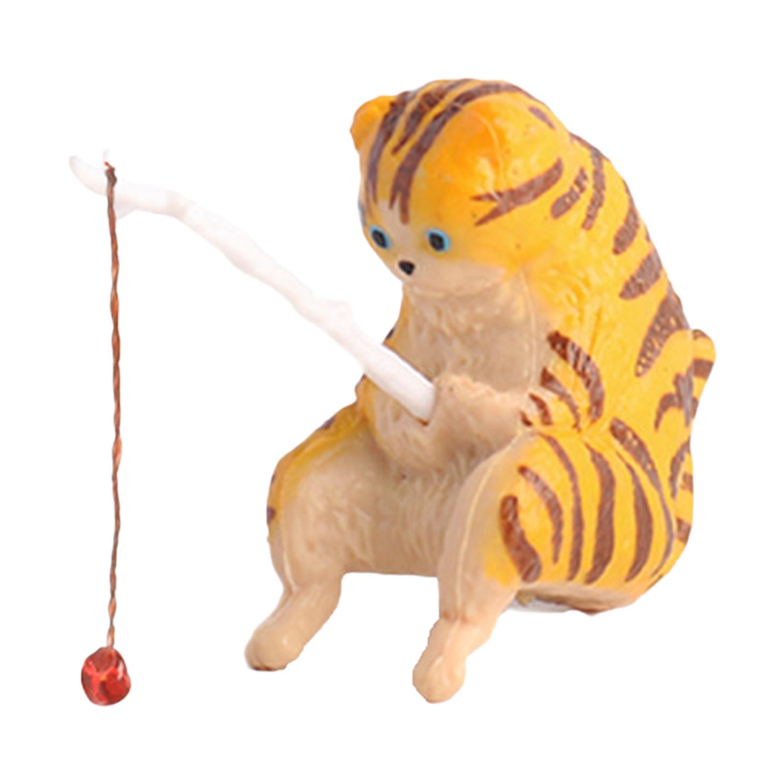 Cat Fishing Figurine Decorative Kitten Fishing Ornament for Garden Yellow Folded Ears