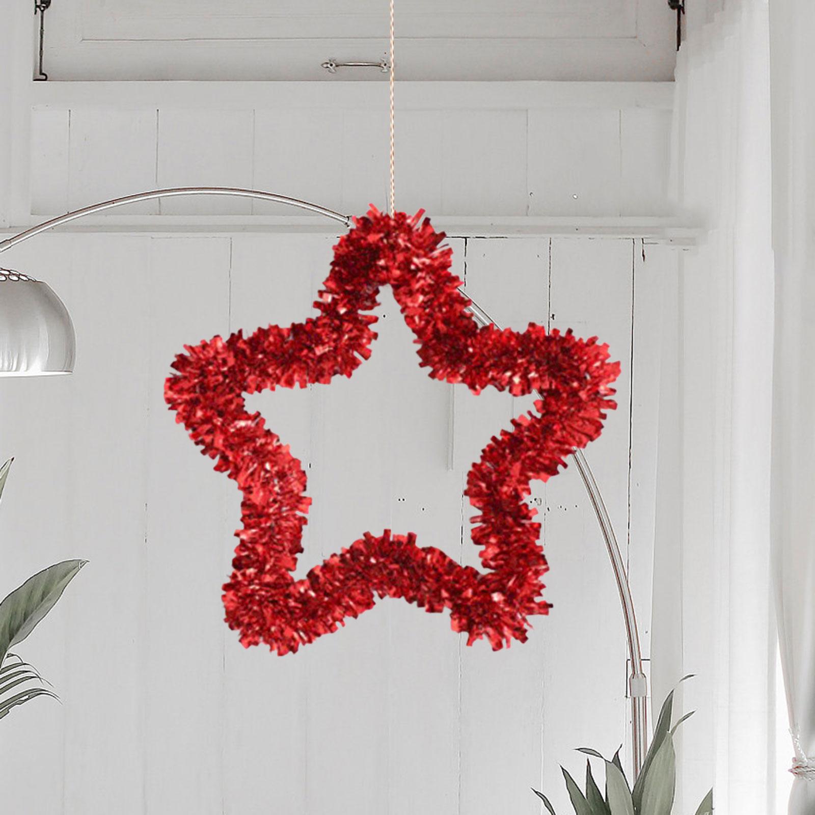 Tinsel Garland Christmas Pendant Pentagram Wreath for Front Door Garden Xmas Red