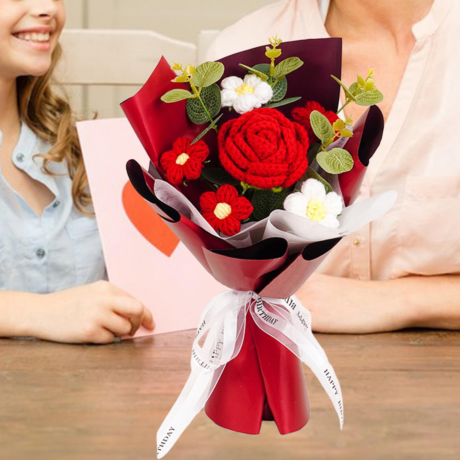 Knitted Flower Bouquet Ornament Knitting Flower for Birthday Wife Girlfriend Yellow