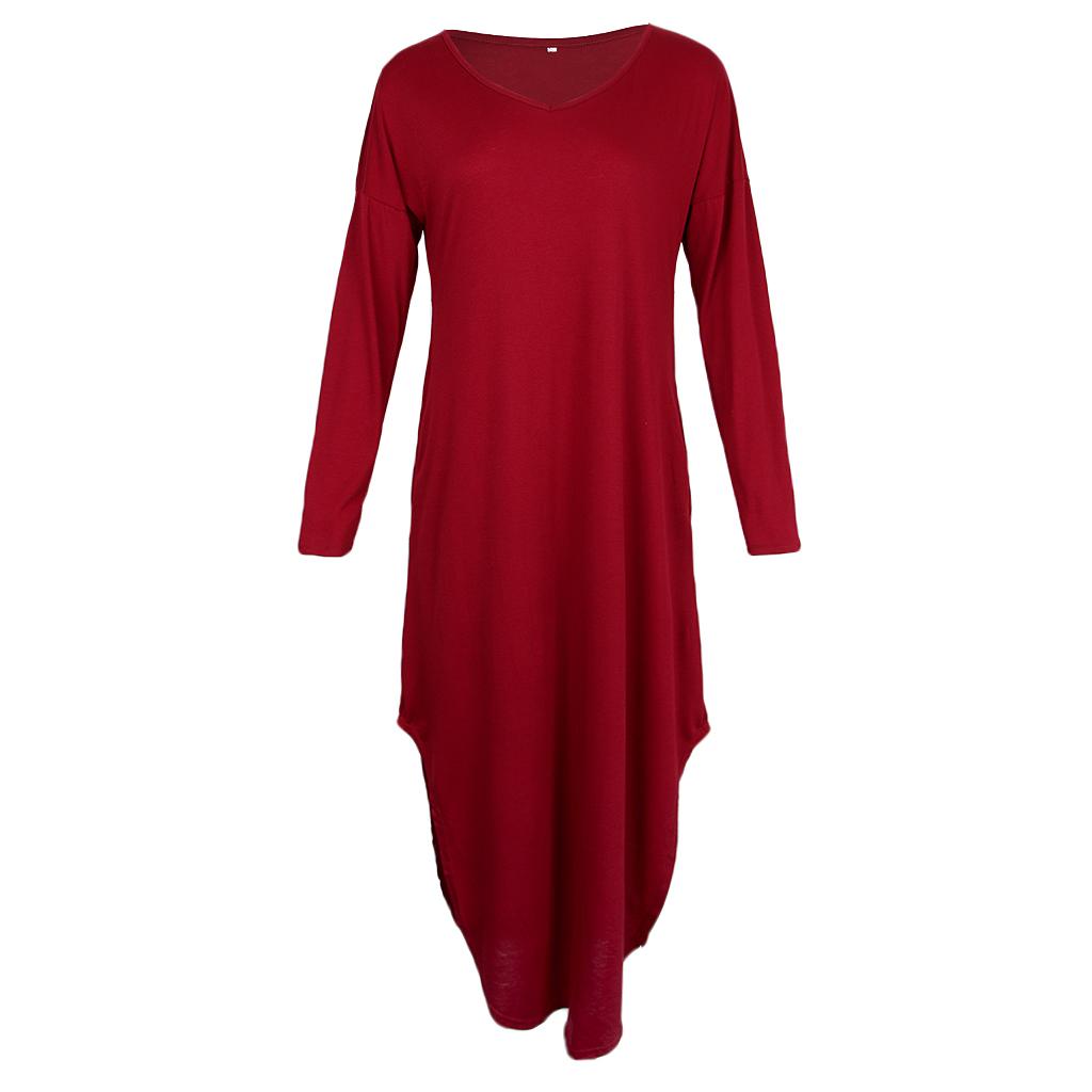 Womens Casual V Neck  Long Sleeve Side Split Maxi Dress with Pocket Red L