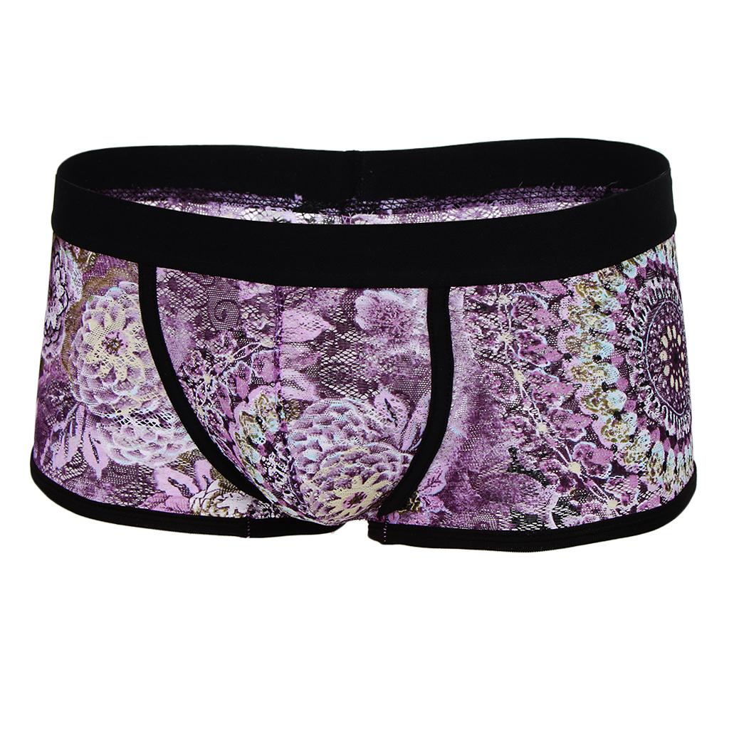 Men's Floral Print Sheer Lace Boxers Underwear Underpants M Purple