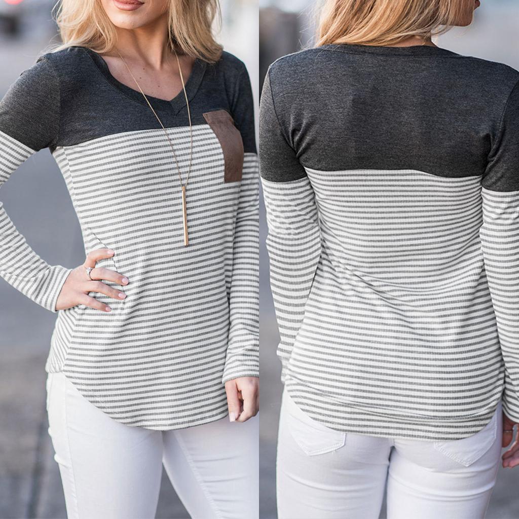 Women Striped Suede Pocket Spliced Long Sleeve Slim T-shirt XXL Gray