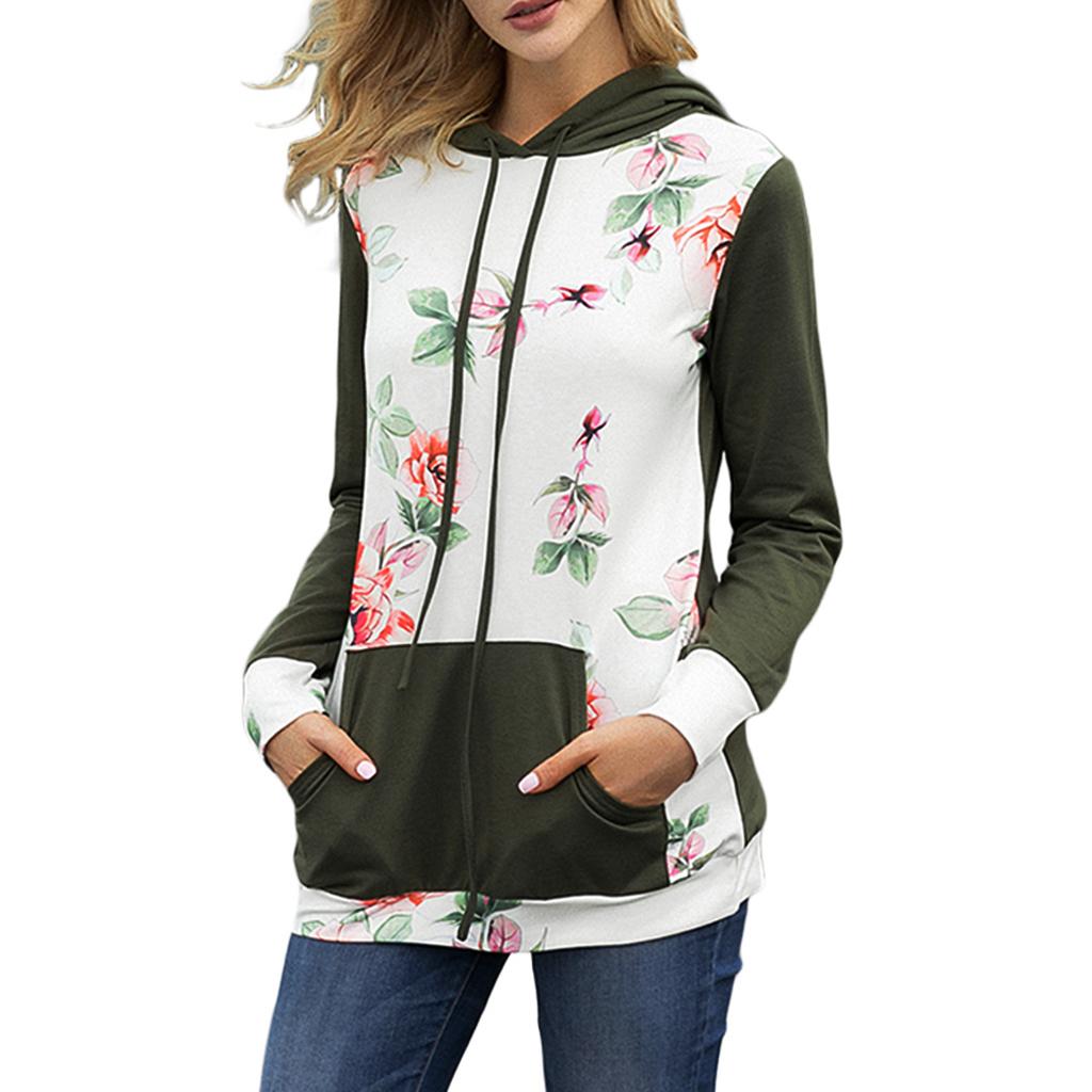 Womens Floral Hoodie Long Sleeve Jumper Casual Pullover Sweatshirt M Green