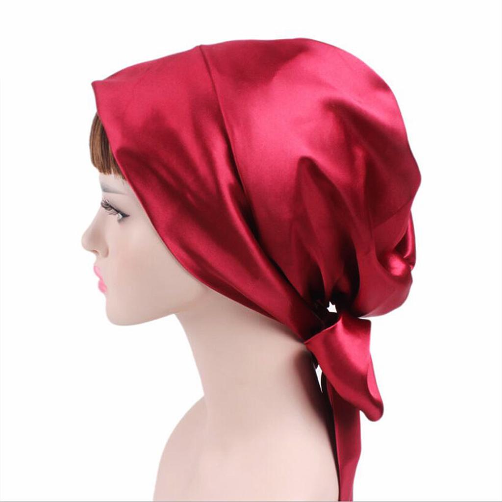 Womens Soft Satin Sleeping Cap Salon Bonnet Chemo Hat Turban Headwear Wine Red